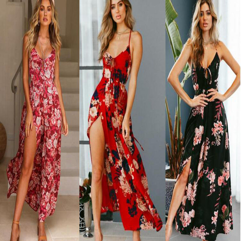 Spring Summer Arrival Dress Printed Large Swing Slit Slim-Fitting Strappy Low Cut Maxi Dress