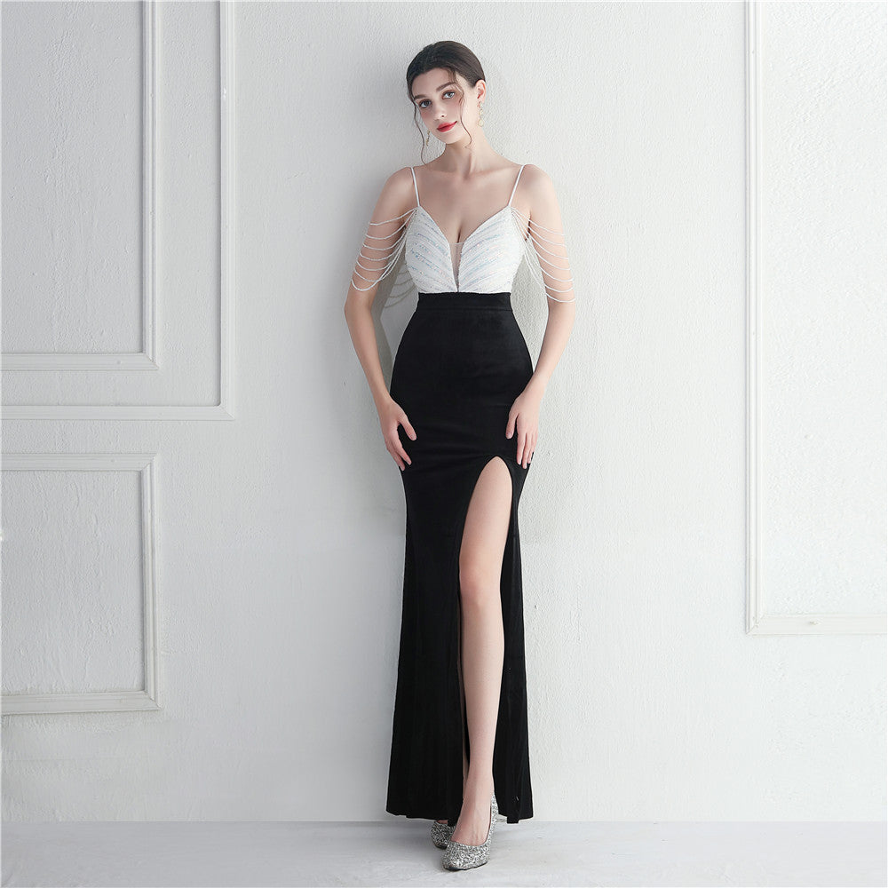 Korean Velvet Sequined Annual Party Social Long Evening Dress