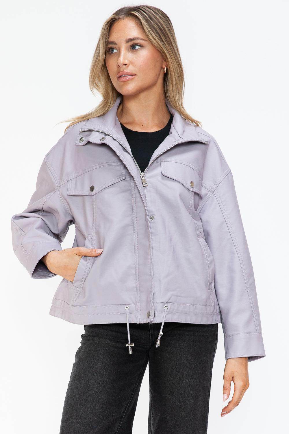 How Dare U Drawstring Hem PU Leather Zip Up Jacket Women