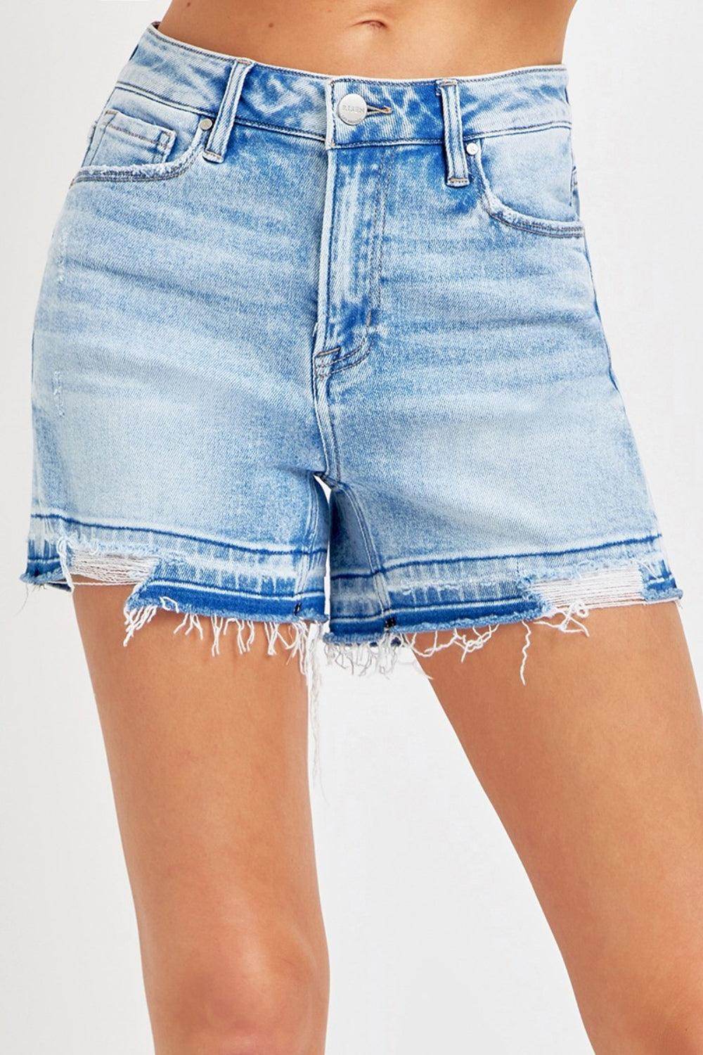 RISEN High Rise Distressed Hem Denim Shorts for Women