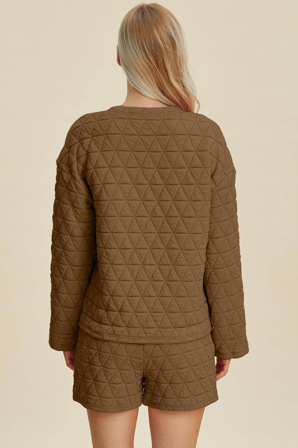 Double Take Full Size Texture Round Neck Long Sleeve Top and Shorts Set for Women