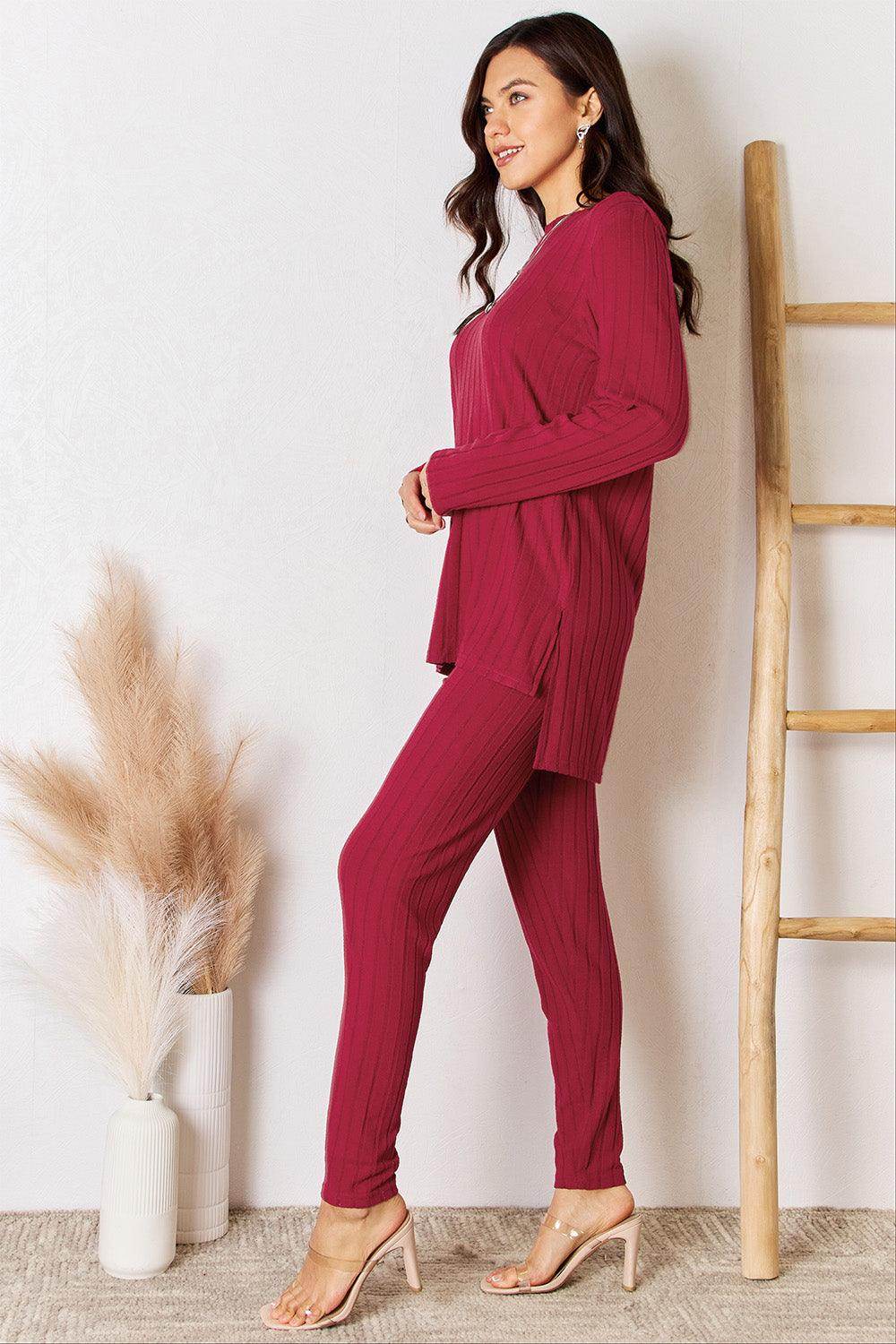 Basic Bae Full Size Ribbed Round Neck High-Low Slit Top Set