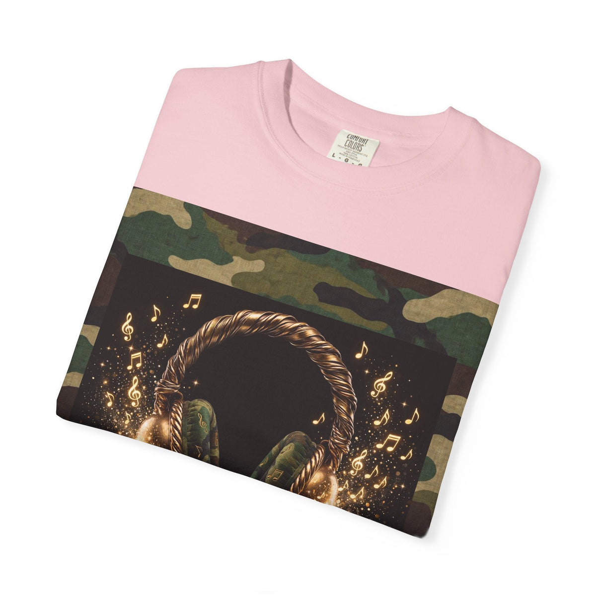 Camo Headphones Tee — Gold Spark DJ Music Graphic T-Shirt