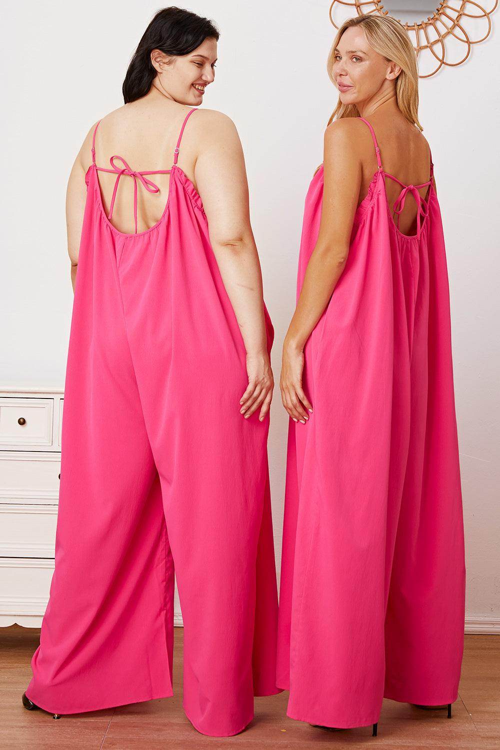 Double Take Full Size Ruffle Trim Tie Back Cami Jumpsuit