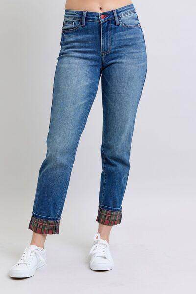 Judy Blue Full Size Plaid Print Cuff Straight Leg Jeans