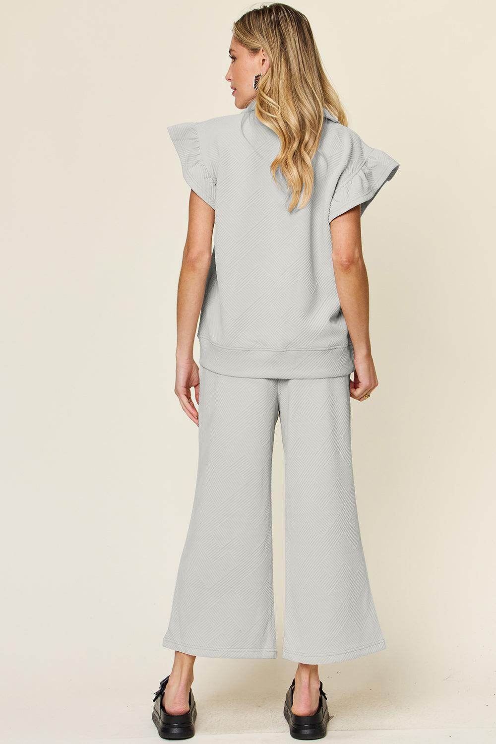 Double Take Texture Ruffle Short Sleeve Top and Pants Set