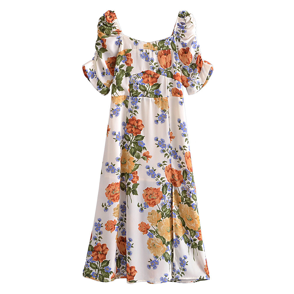 Puff Sleeve Pleated Slim Fit Slimming Side Slit Sexy Overknee Dress Square Collar Printed Dress for Women