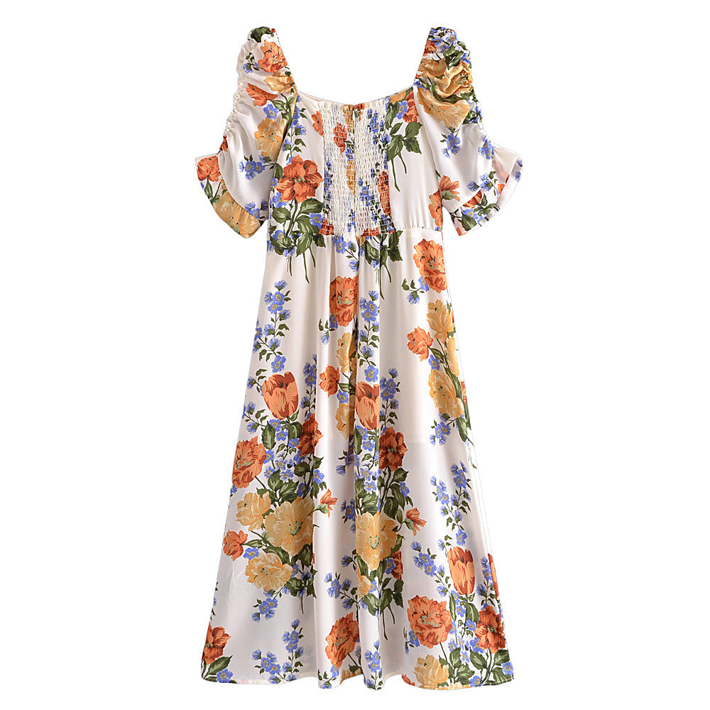 Puff Sleeve Pleated Slim Fit Slimming Side Slit Sexy Overknee Dress Square Collar Printed Dress for Women