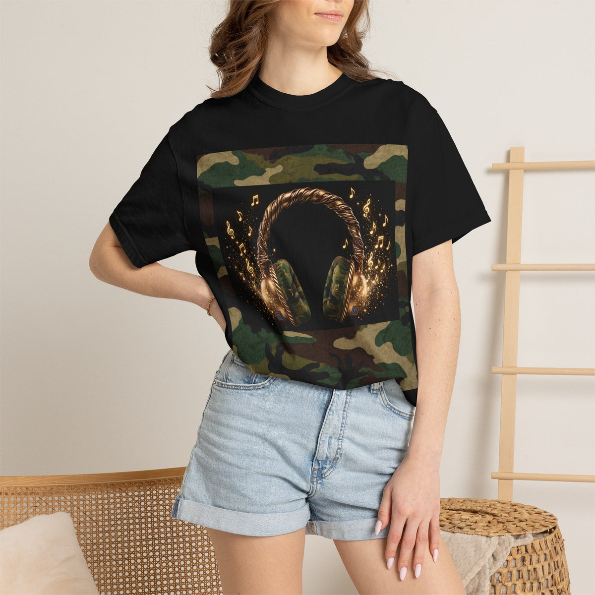 Camo Headphones Tee — Gold Spark DJ Music Graphic T-Shirt