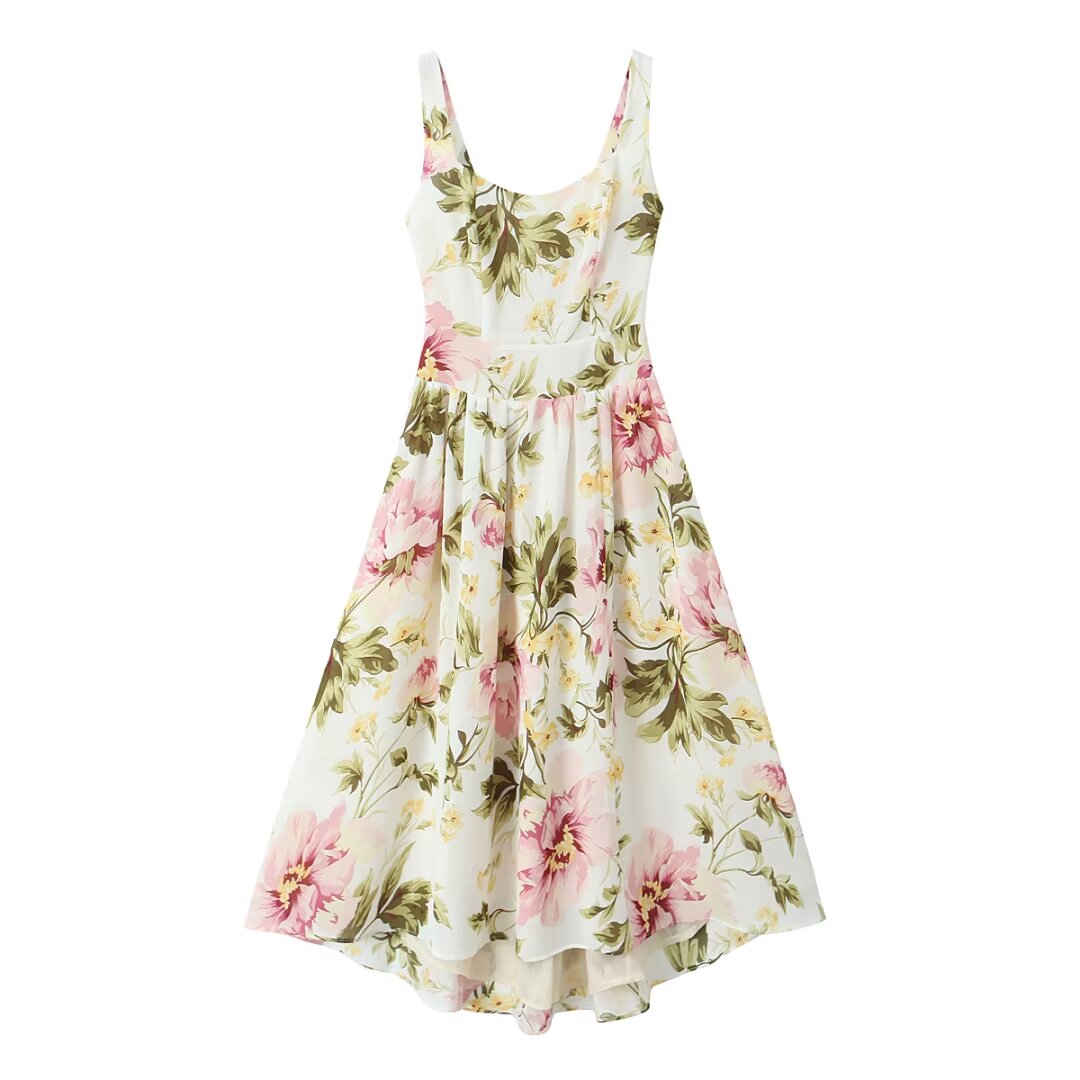 Women Clothing French Vintage Print Lace Up Midi Dress Waist Controlled Slimming Dress