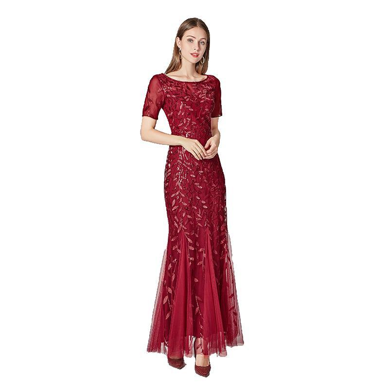 Summer Autumn Banquet Host Slim Mesh Sequ Evening Dress Fishtail Dress for Women