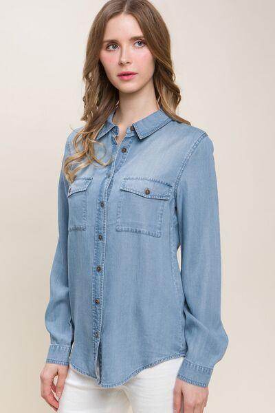 Love Tree Scooped Hem Button Up Denim Shirt for Women