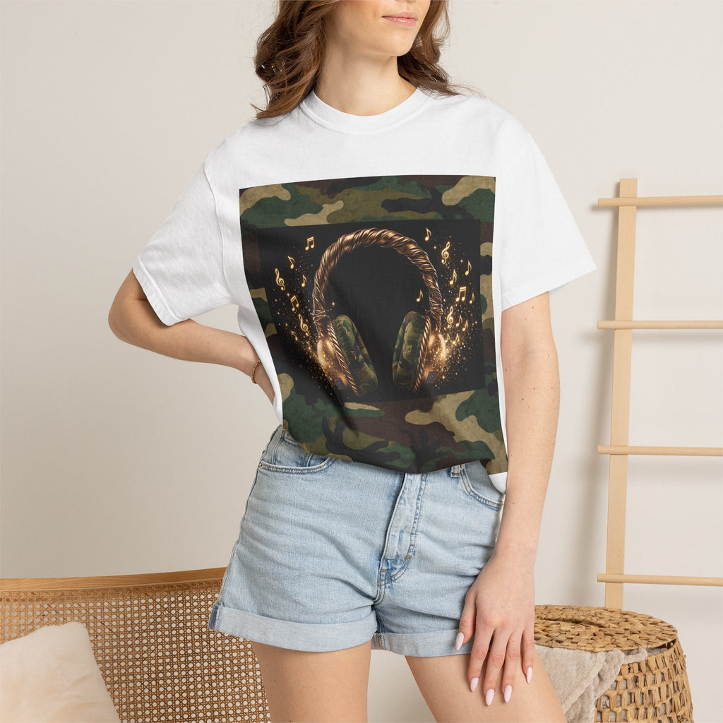 Camo Headphones Tee — Gold Spark DJ Music Graphic T-Shirt