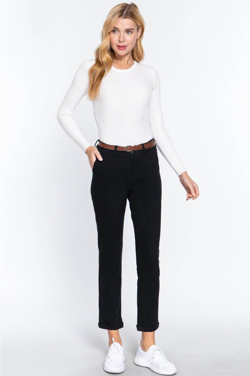 ACTIVE BASIC Cotton-Span Twill Straight Pants for Women