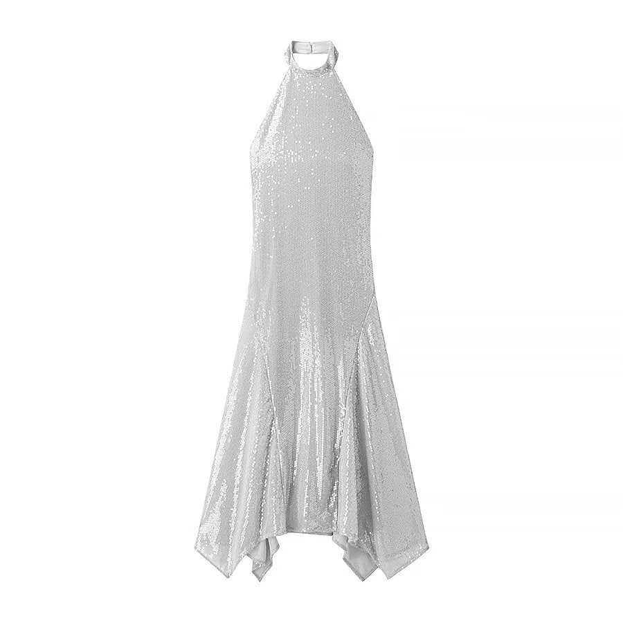 Autumn Winter Elegant Slim Hanging Collar Sequined Dress