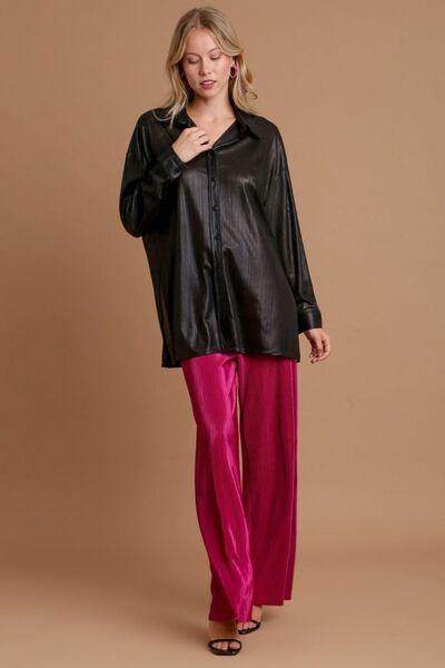 Umgee Side Slit Button Up Long Sleeve Shirt for Women