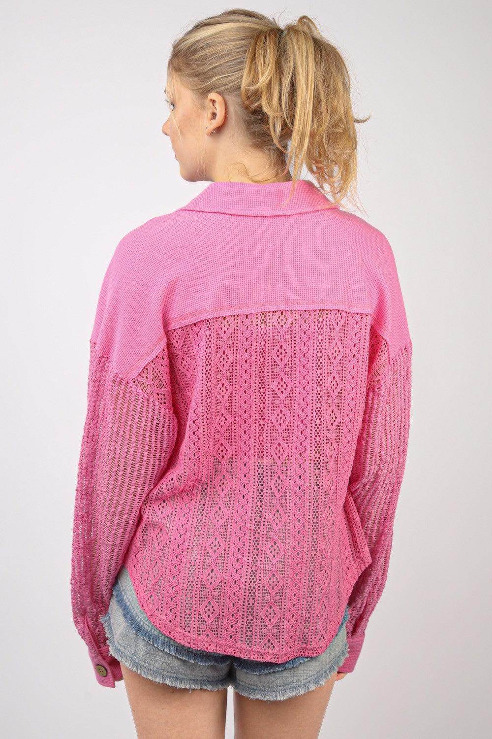 Very J Button Up Long Sleeve Lace Shirt for Women