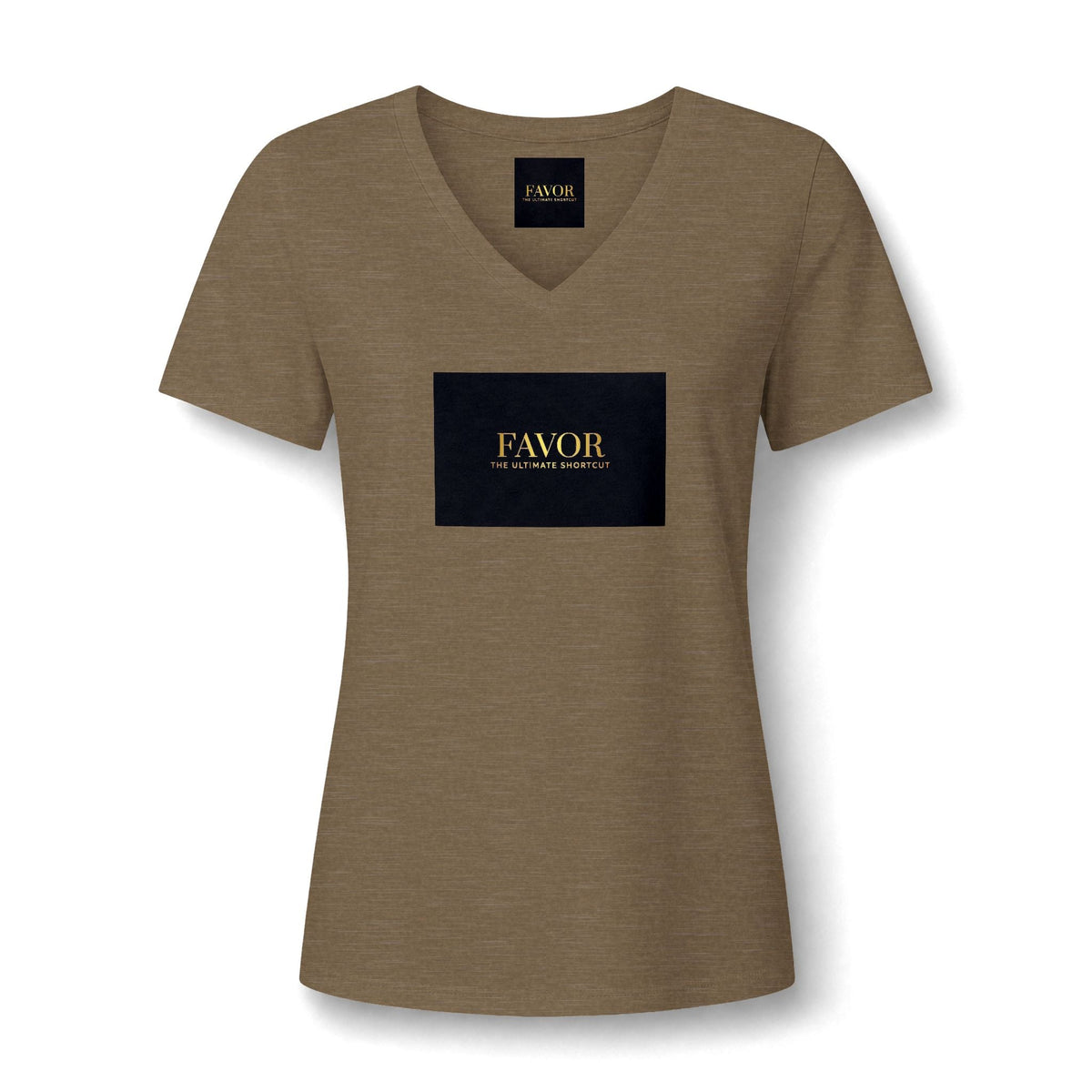 V-Neck Tee — 'Favor Heavens Favorite' Gold Script Graphic