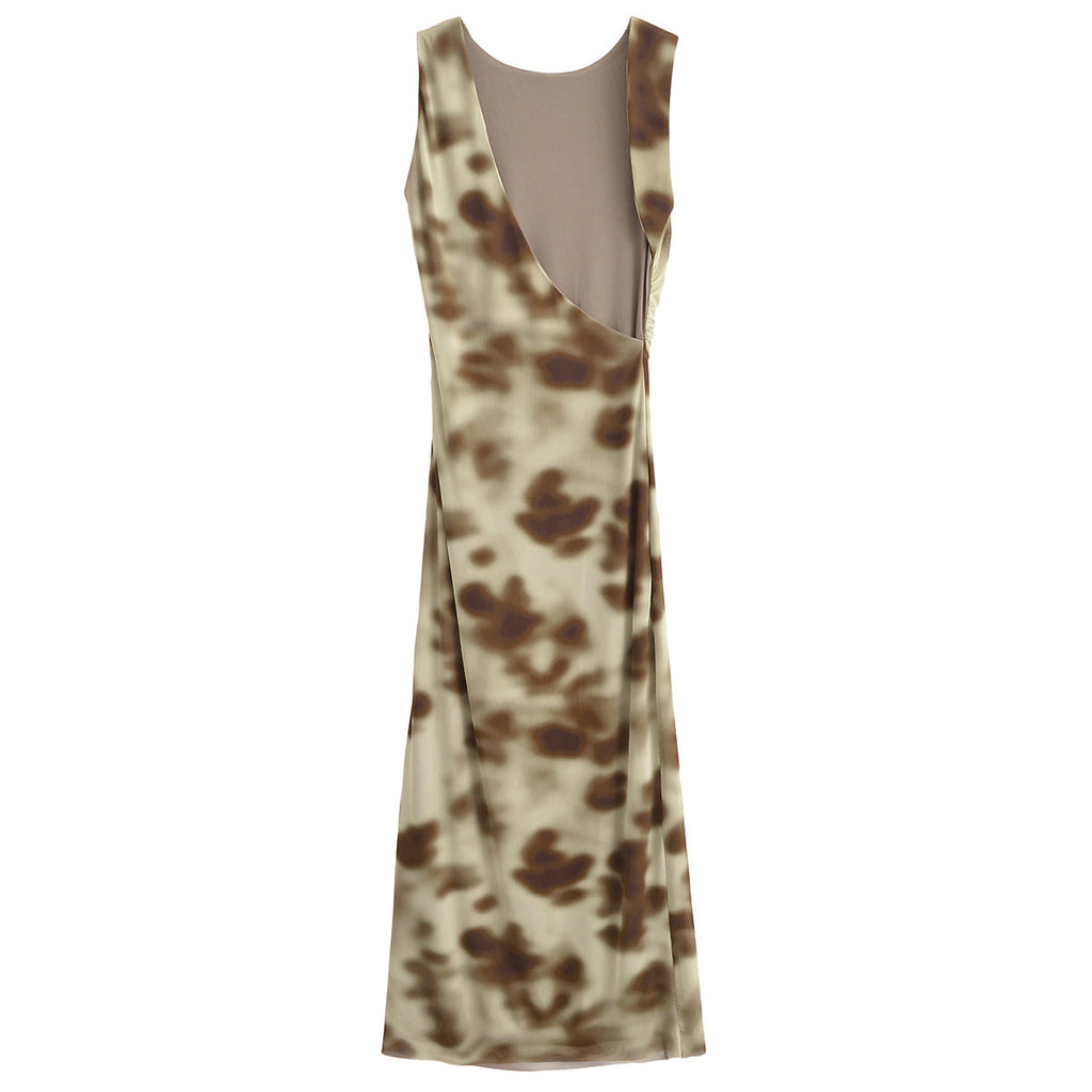 Women Pleated Silk Net Printing Midi Dress