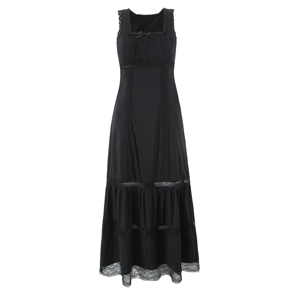 Spring Lace Slim Fit Bow Embellished Square Collar Vest Dress