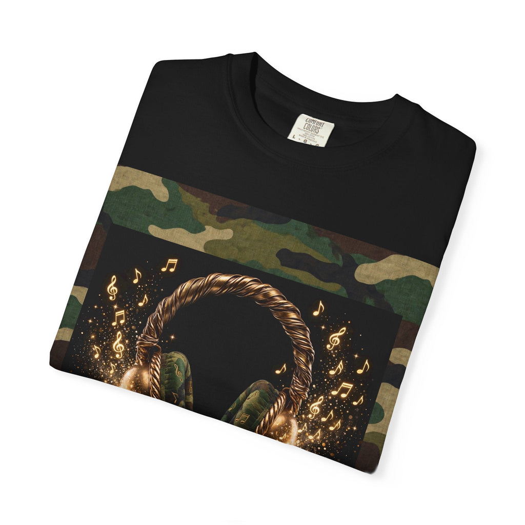 Camo Headphones Tee — Gold Spark DJ Music Graphic T-Shirt