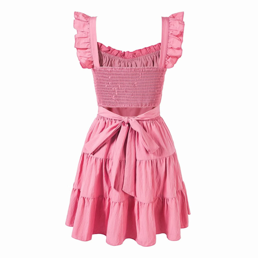 Vintage Square Collar Flying Sleeve Pink Dress Summer Elegant Beautiful Waist Tight Dress
