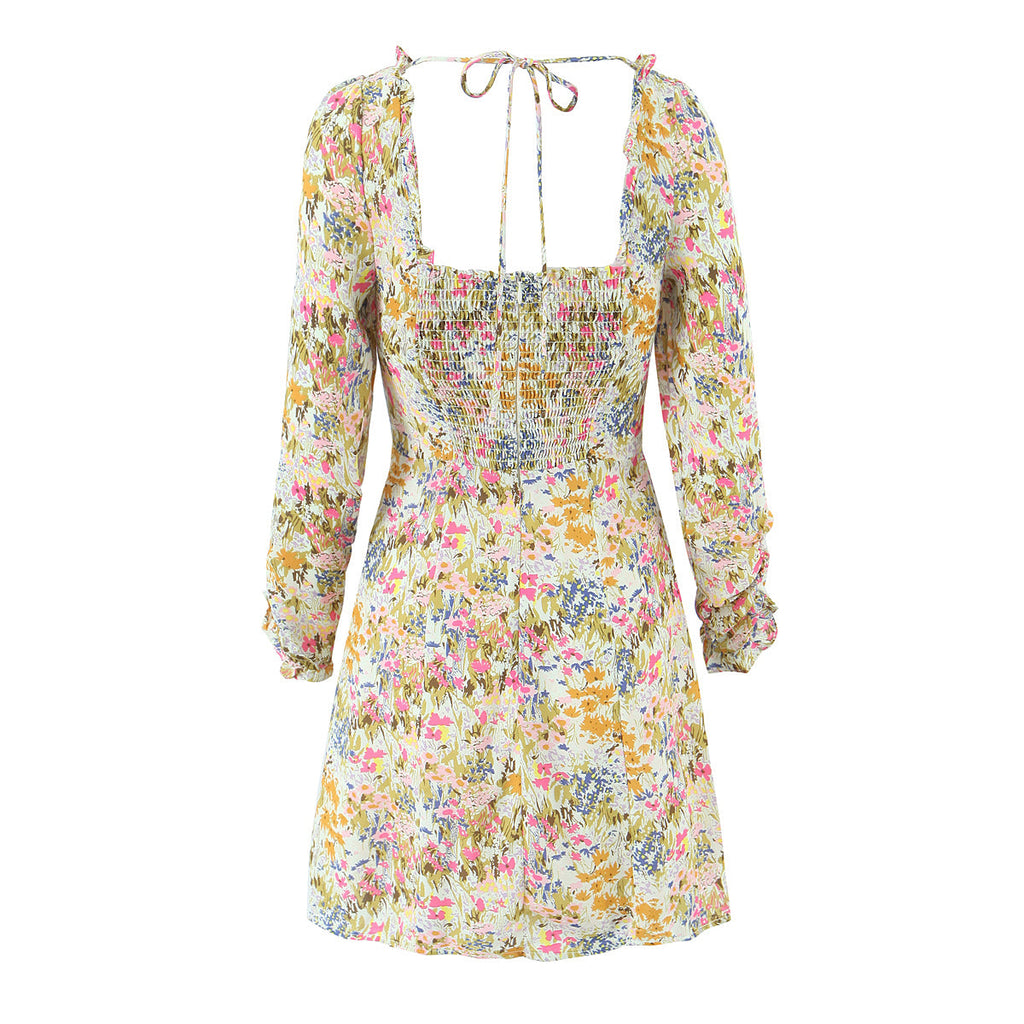Summer Psychedelic Small Floral Print Square Collar Backless Lace up Long Sleeve Dress
