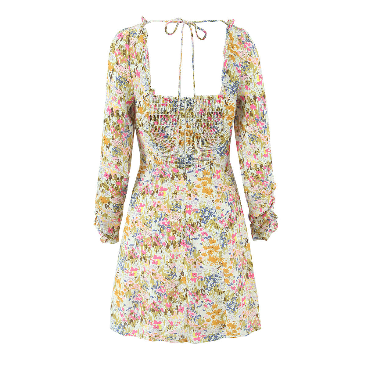 Summer Psychedelic Small Floral Print Square Collar Backless Lace up Long Sleeve Dress