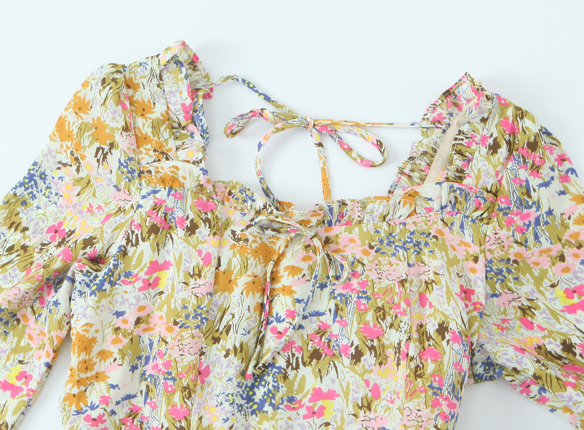 Summer Psychedelic Small Floral Print Square Collar Backless Lace up Long Sleeve Dress