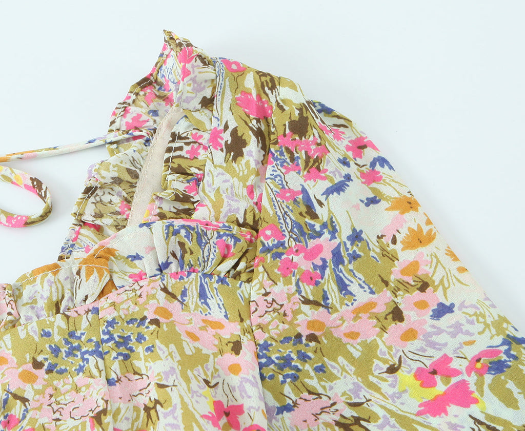 Summer Psychedelic Small Floral Print Square Collar Backless Lace up Long Sleeve Dress