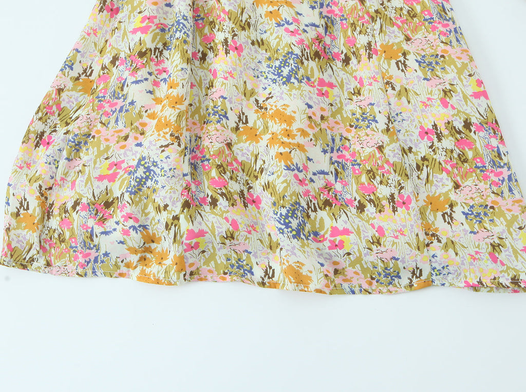 Summer Psychedelic Small Floral Print Square Collar Backless Lace up Long Sleeve Dress