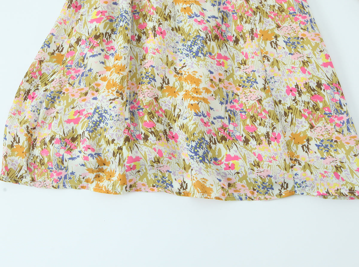 Summer Psychedelic Small Floral Print Square Collar Backless Lace up Long Sleeve Dress