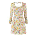 Summer Psychedelic Small Floral Print Square Collar Backless Lace up Long Sleeve Dress