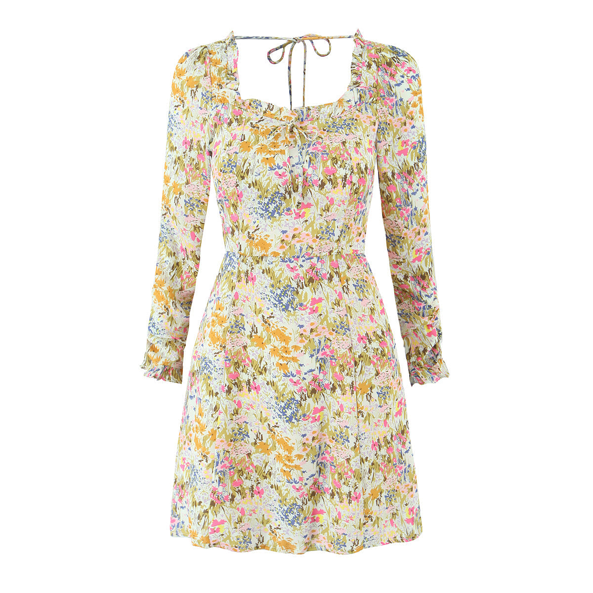Summer Psychedelic Small Floral Print Square Collar Backless Lace up Long Sleeve Dress