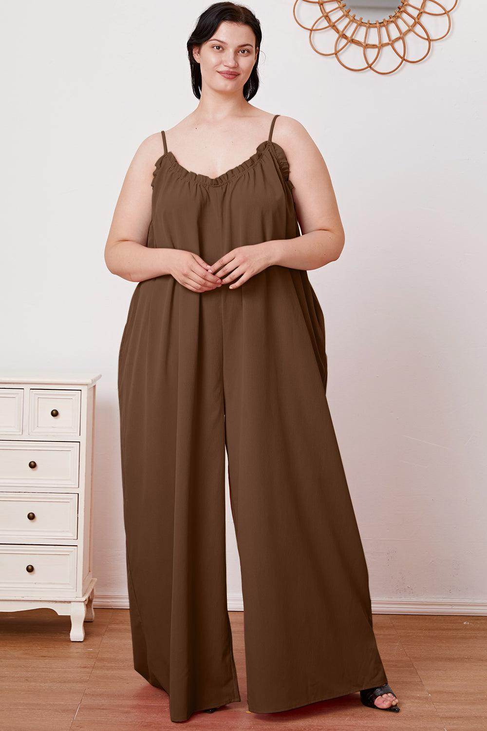 Double Take Full Size Ruffle Trim Tie Back Cami Jumpsuit