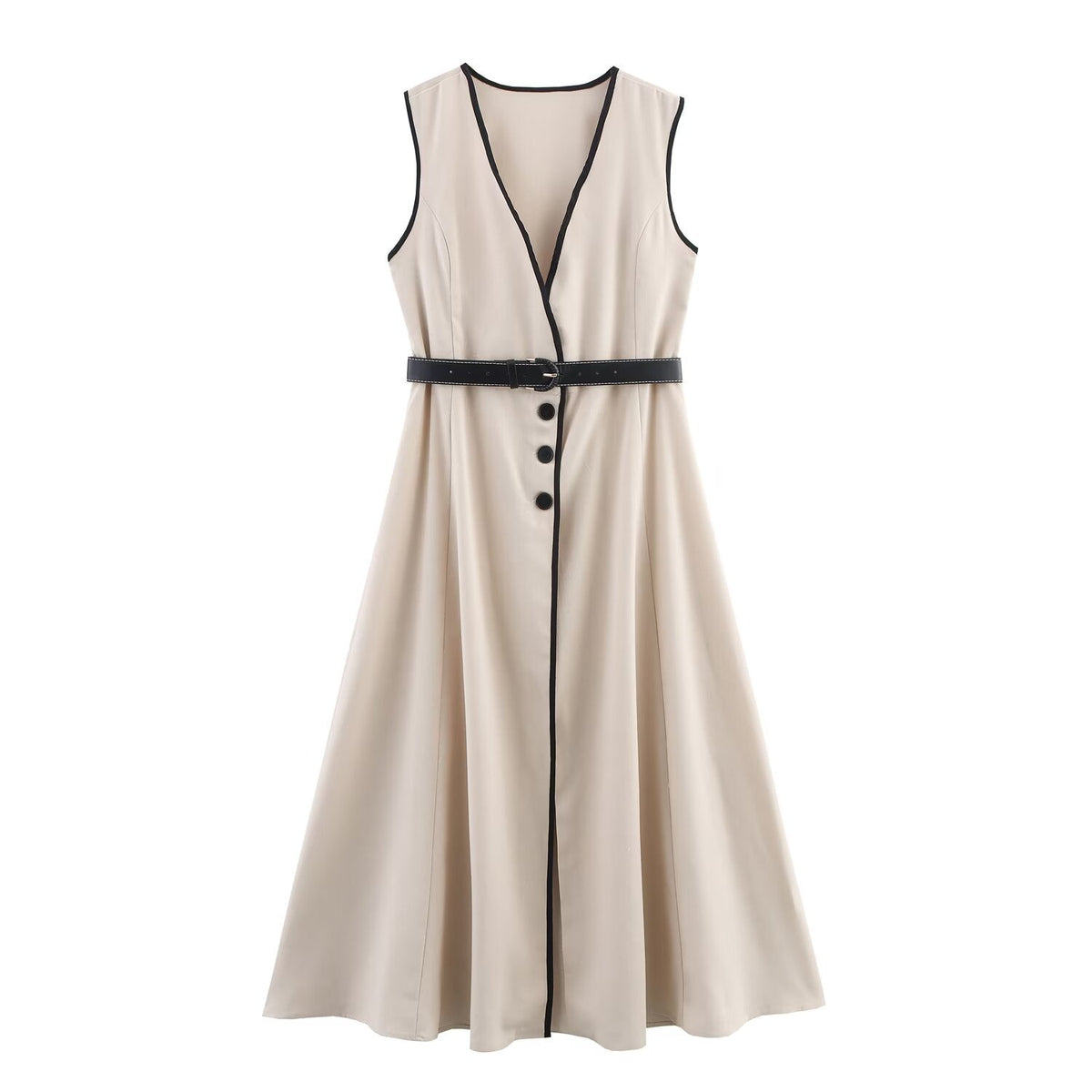 Women Clothing Elegant Slim Fit with Belt Linen Blended Midi Dress