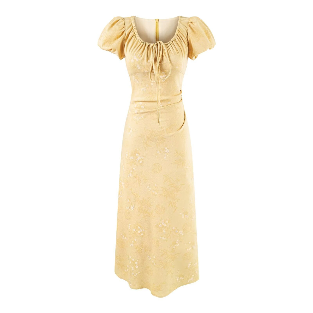 Summer French Gentle Elegant Jacquard Drawstring Waist Controlled Slimming Maxi Dress