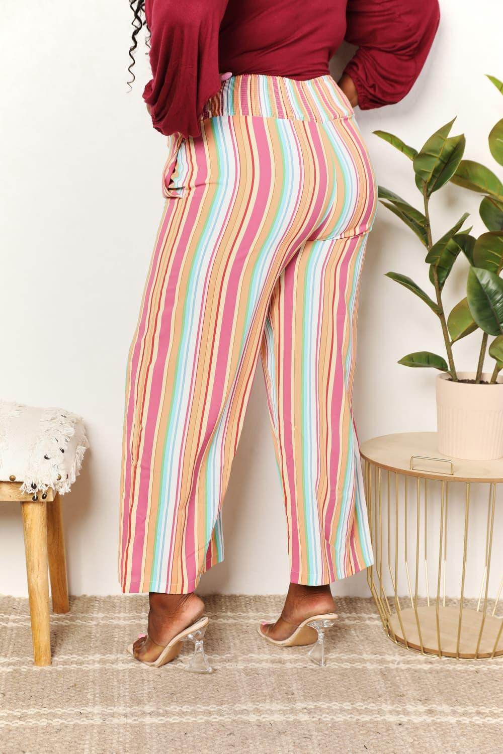 Double Take Striped Smocked Waist Pants with Pockets Stylish
