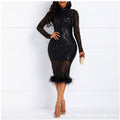 Women Clothing Dress Long Sleeve Turtleneck Midi Dress Tight Waist Bronzing Hip Dress