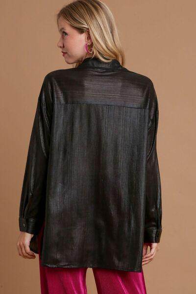 Umgee Side Slit Button Up Long Sleeve Shirt for Women