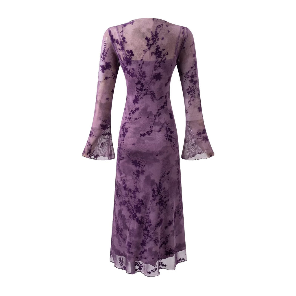 Summer Mesh Jacquard Casual off Neck Bell Sleeve Dress