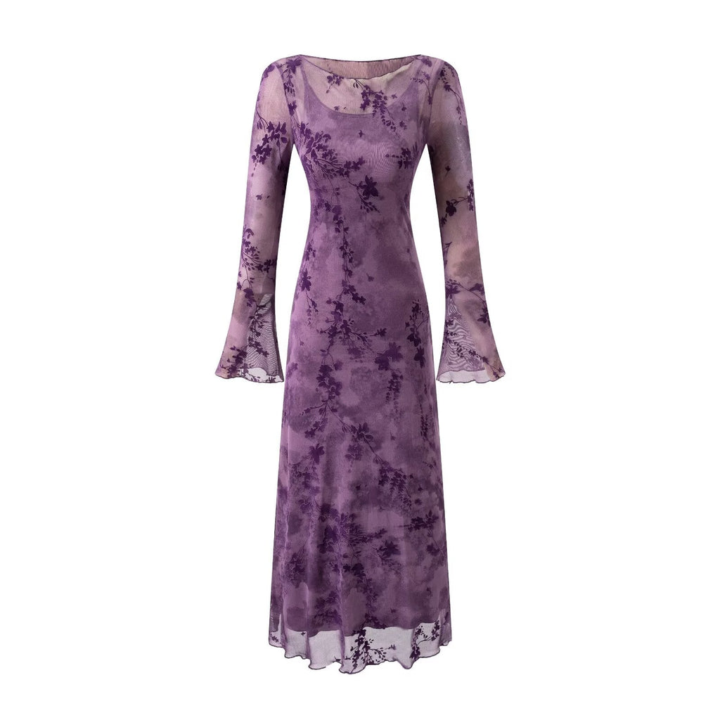 Summer Mesh Jacquard Casual off Neck Bell Sleeve Dress