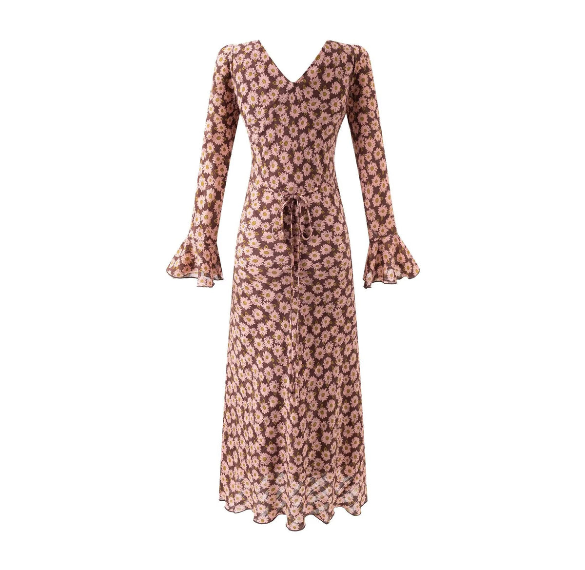 Women Clothing Mid Length Floral Printed V neck Dress