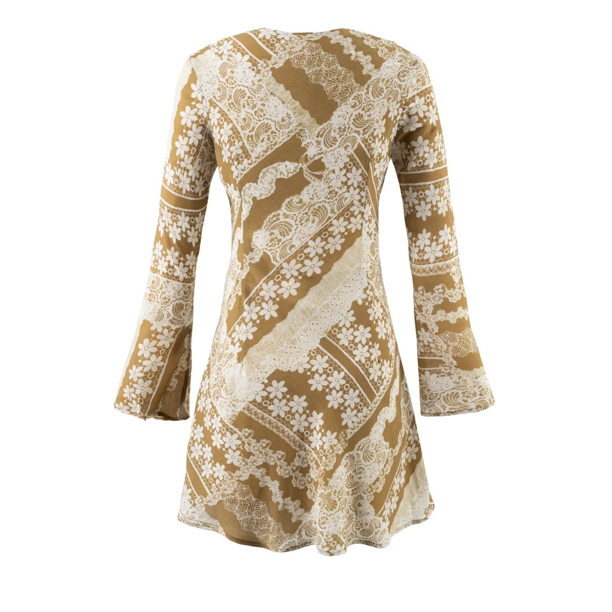 Summer Fashionable Retro Color Printing V neck Lace up Micro Pull Long Sleeve Dress