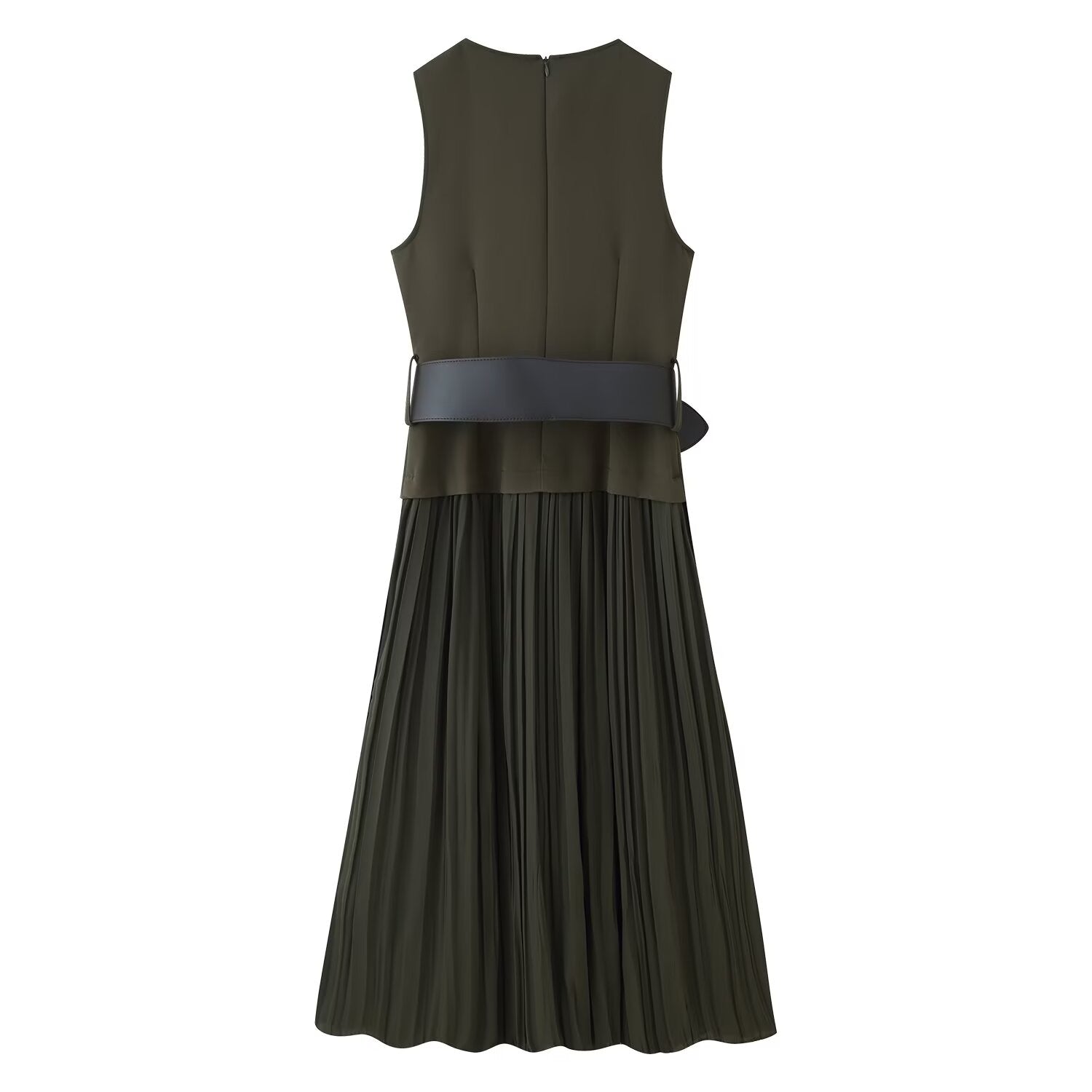 Women Clothing Autumn Lightly Mature with Belt Stitching Ruffle Midi Dress