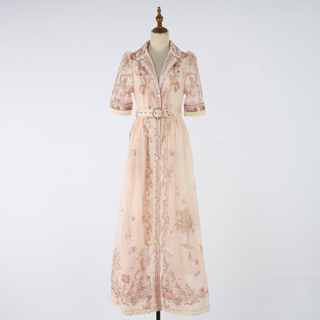 Women Summer Printed Buttons Stand Up Collar Maxi Dress
