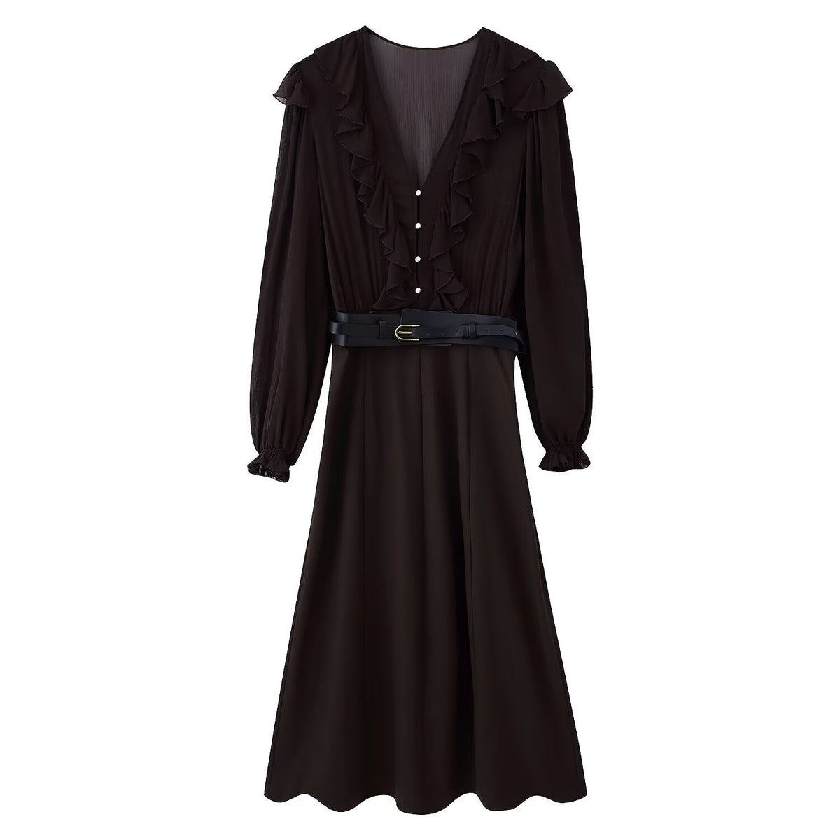 Women Clothing With Belt Stitching Midi Dress