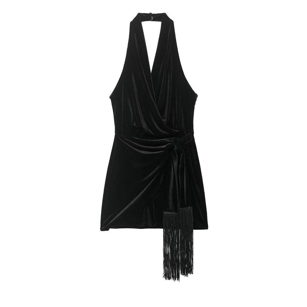 Decorated Tassel Velvet Short Dress