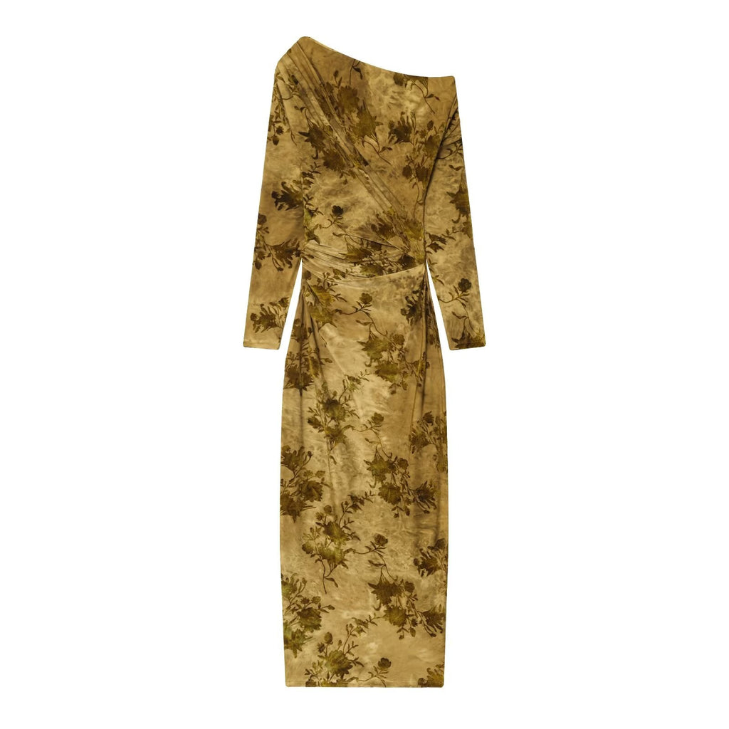 Women Clothing Autumn Lightly Mature Slim Slimming Flocking Pleated Dress