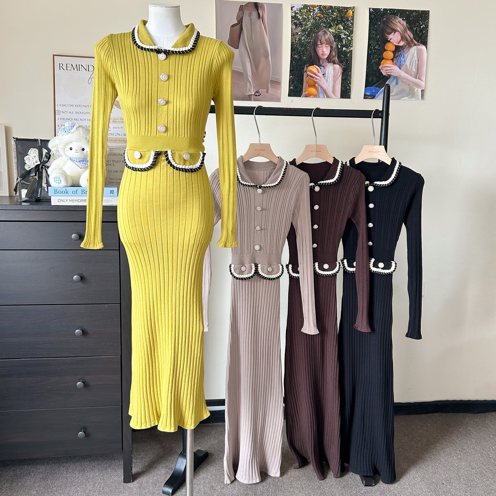 Women Spring Autumn Style Babydoll Dress With Knitted Long Dress